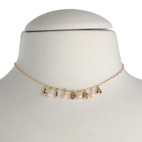 NWT LUNA NORTE Libra Gold Tone Pearl Astrological Lettering Necklace w/ Gift Box - Picture 2 of 3